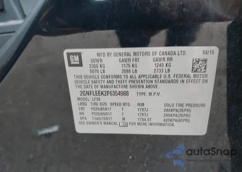 2015 Chevrolet Equinox Ls из США, поврежденный, VIN 2GNFLEEK2F6354988